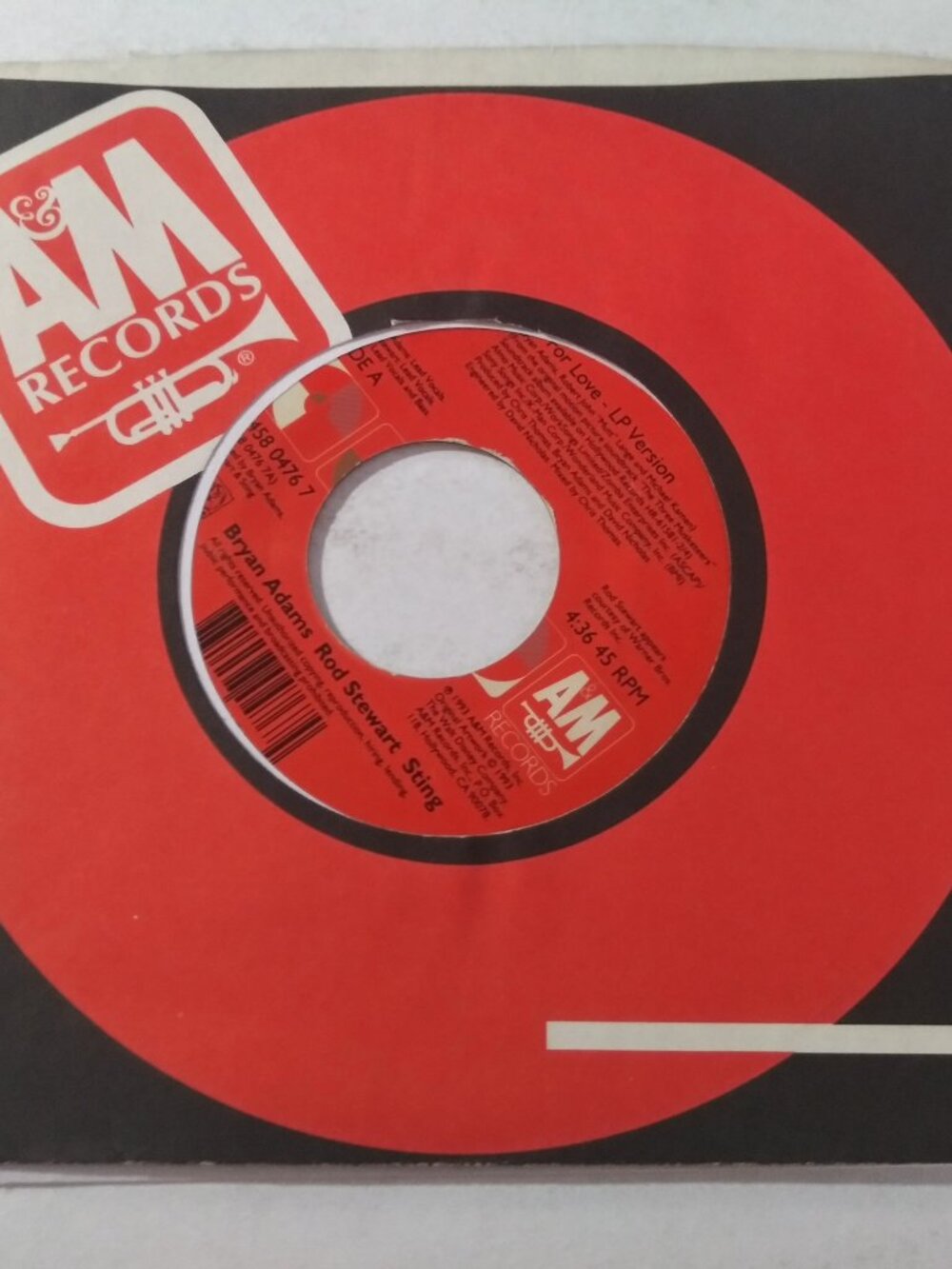 Bryan Adams, Rod Stewart, & Sting – All For Love VG+ OG 45RPM A&M Record 1993